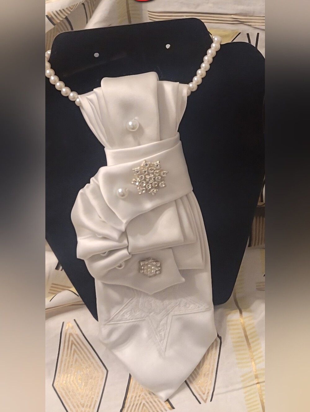 White Necktie Necklace with Pearl, Crystal & Order Of The Eastern Star Accents.